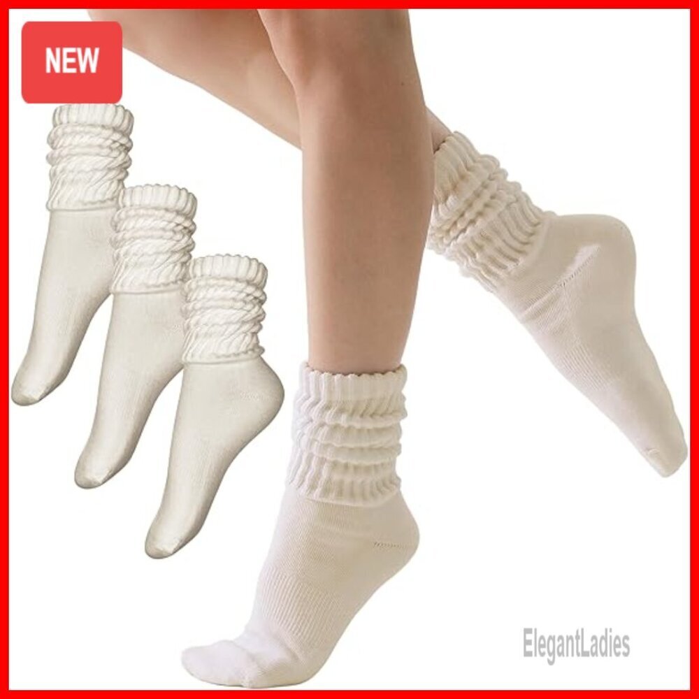 3 Pairs Cotton Slouch Crew Socks Mid-Calf Retro Scrunch Boot Socks